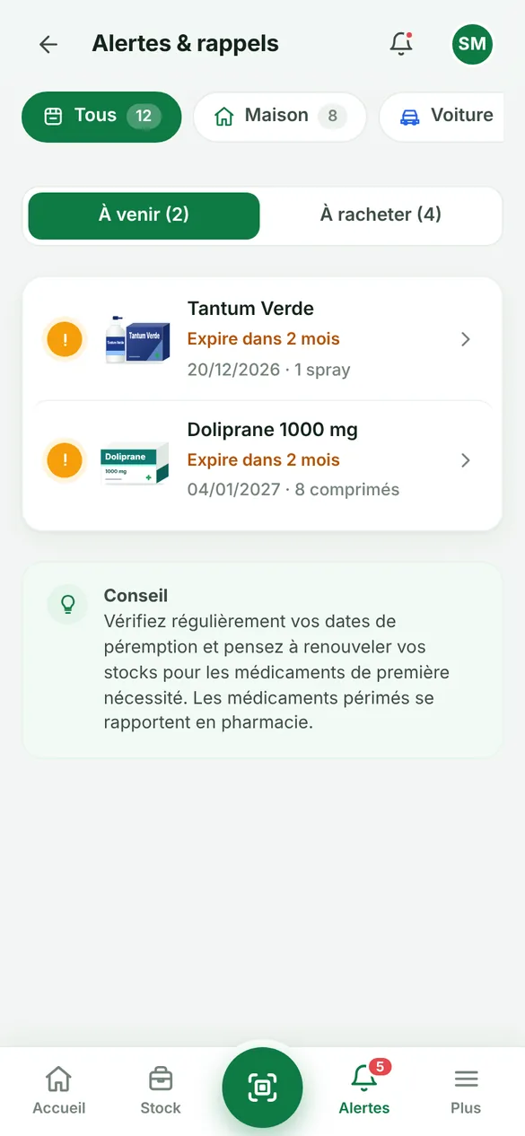 Capture d’écran : les péremptions à venir