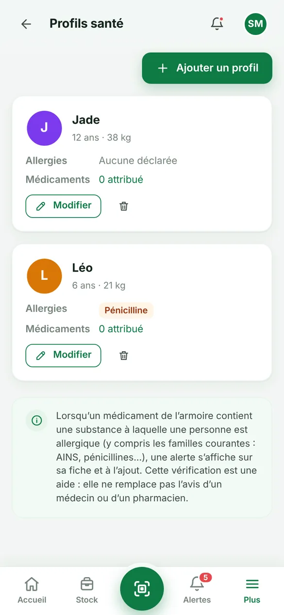 Capture d’écran : profils santé et allergies