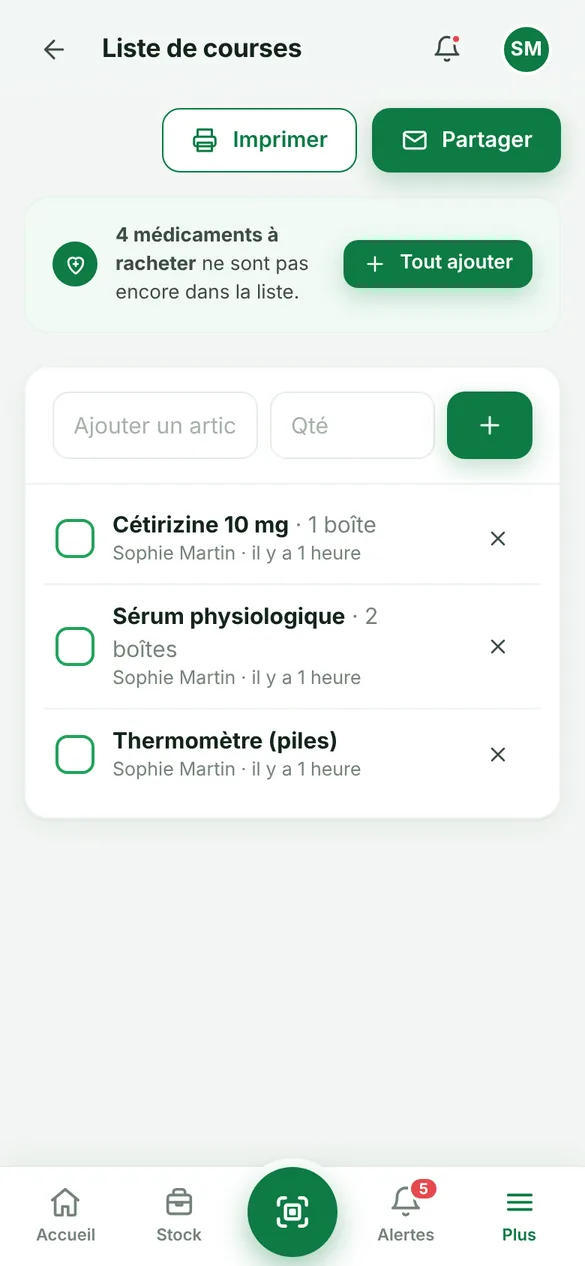 Capture d’écran : la liste de courses partagée