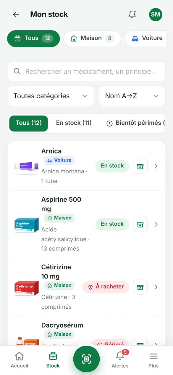 Capture d’écran : le stock, inventaire par inventaire